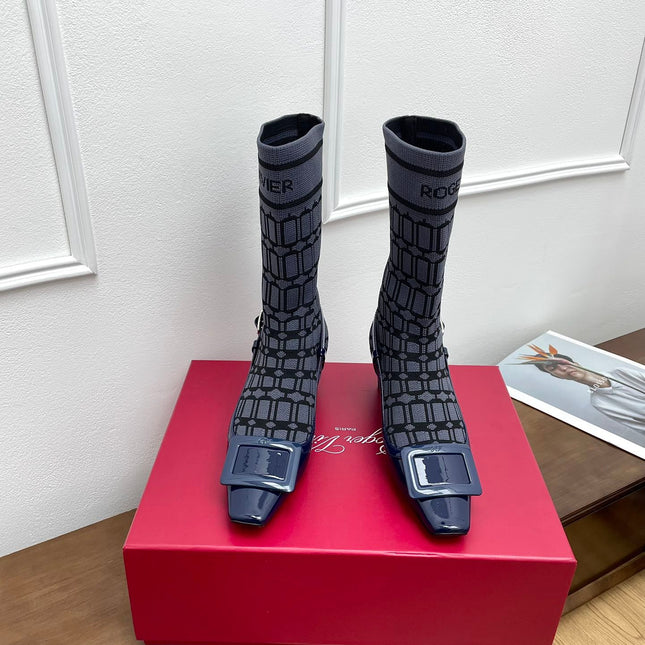 BELLE VIVIER SOCK LACQUERED BUCKLE ANKLE BOOTS IN NAVY BLUE CALFSKIN AND TECHNICAL FABRIC