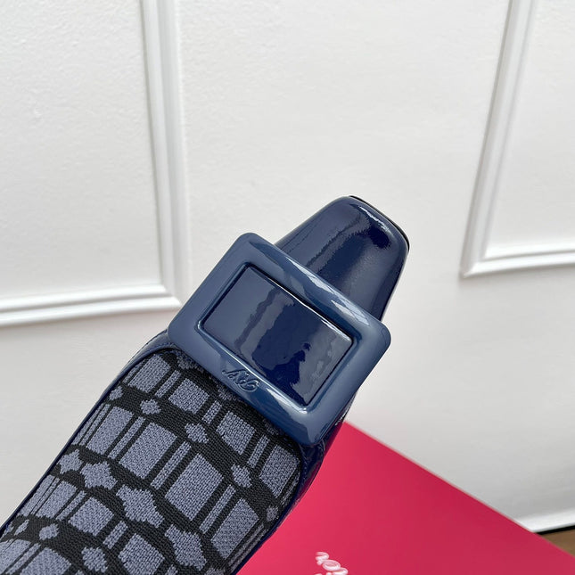 BELLE VIVIER SOCK LACQUERED BUCKLE ANKLE BOOTS IN NAVY BLUE CALFSKIN AND TECHNICAL FABRIC