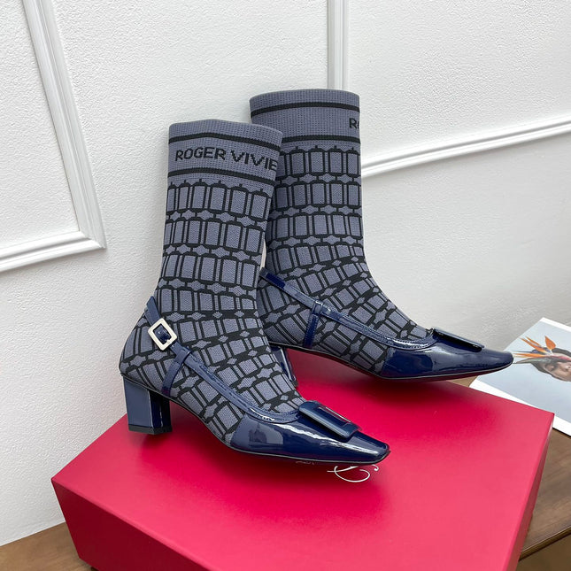 BELLE VIVIER SOCK LACQUERED BUCKLE ANKLE BOOTS IN NAVY BLUE CALFSKIN AND TECHNICAL FABRIC