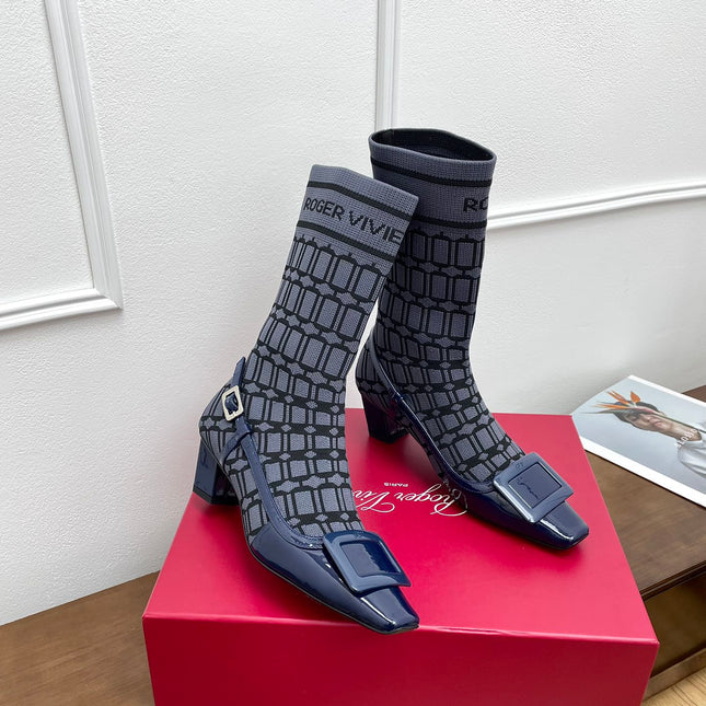 BELLE VIVIER SOCK LACQUERED BUCKLE ANKLE BOOTS IN NAVY BLUE CALFSKIN AND TECHNICAL FABRIC