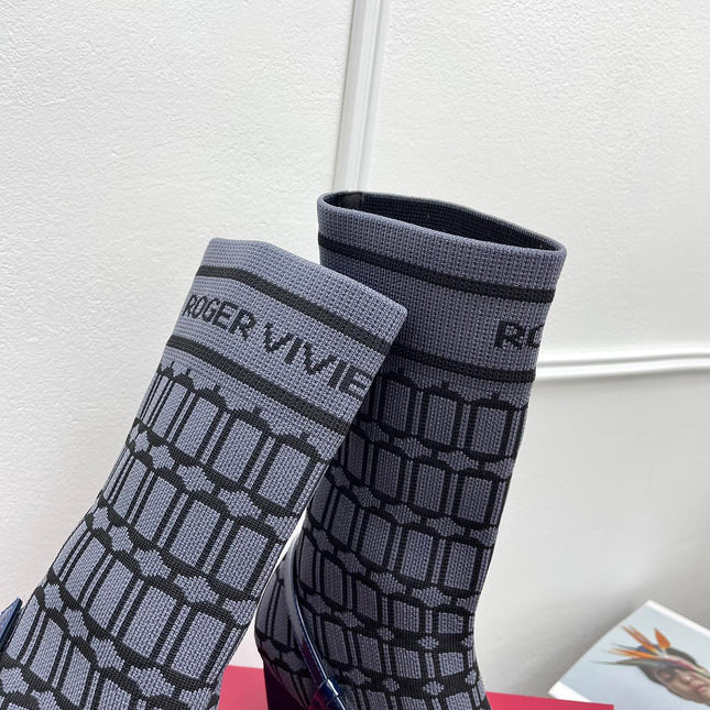 BELLE VIVIER SOCK LACQUERED BUCKLE ANKLE BOOTS IN NAVY BLUE CALFSKIN AND TECHNICAL FABRIC