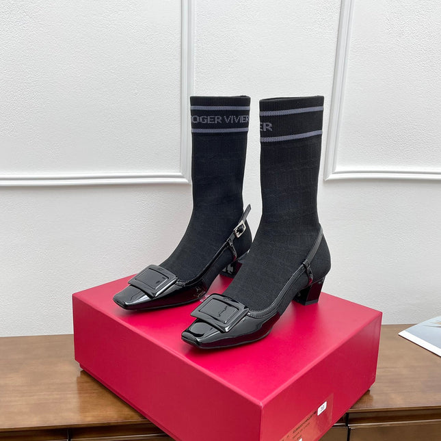 BELLE VIVIER SOCK LACQUERED BUCKLE ANKLE BOOTS IN BLACK PATENT CALFSKIN SOCK UPPER FABRIC