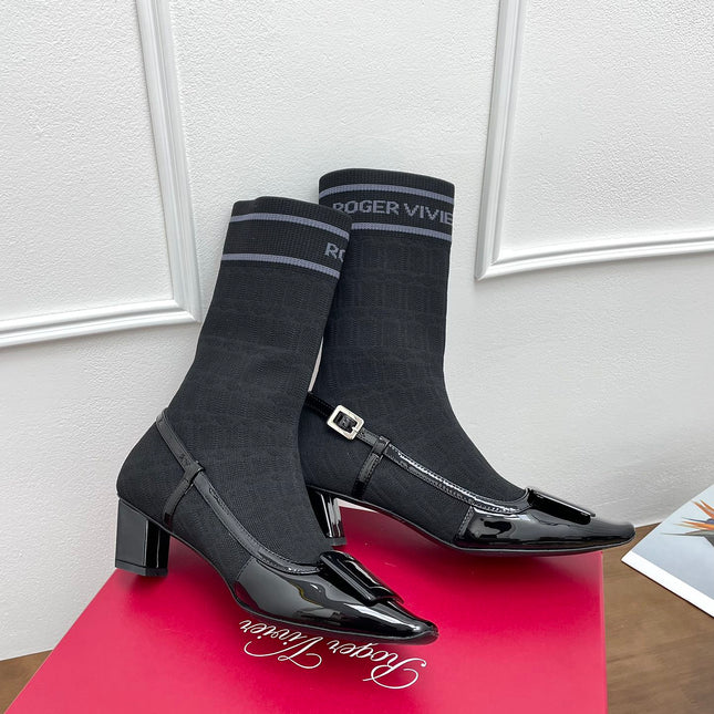 BELLE VIVIER SOCK LACQUERED BUCKLE ANKLE BOOTS IN BLACK PATENT CALFSKIN SOCK UPPER FABRIC
