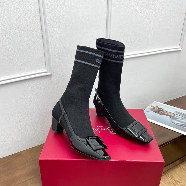 BELLE VIVIER SOCK LACQUERED BUCKLE ANKLE BOOTS IN BLACK PATENT CALFSKIN SOCK UPPER FABRIC