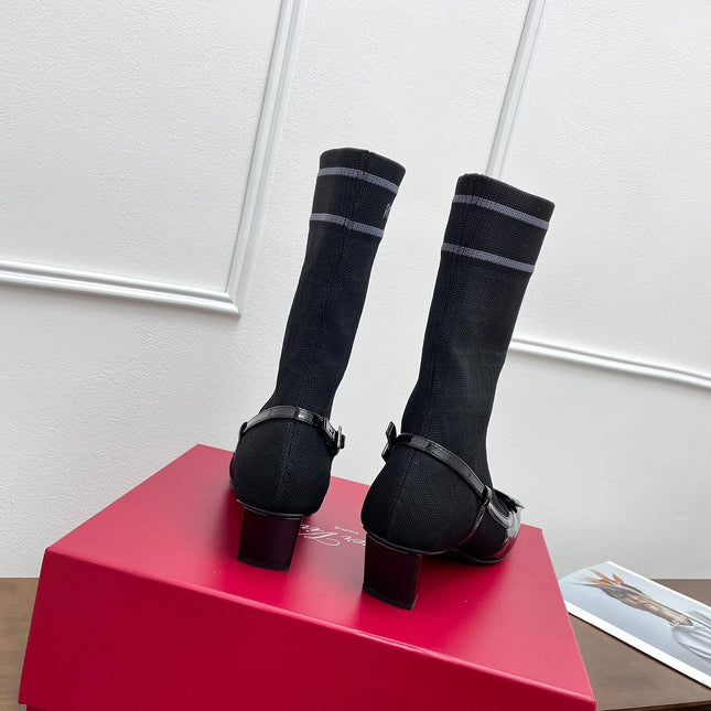 BELLE VIVIER SOCK LACQUERED BUCKLE ANKLE BOOTS IN BLACK PATENT CALFSKIN SOCK UPPER FABRIC