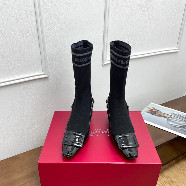 BELLE VIVIER SOCK LACQUERED BUCKLE ANKLE BOOTS IN BLACK PATENT CALFSKIN SOCK UPPER FABRIC