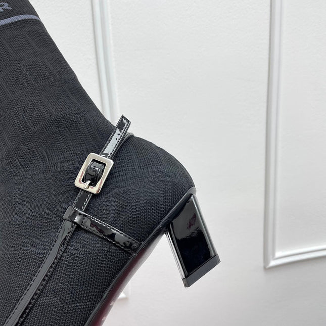 BELLE VIVIER SOCK LACQUERED BUCKLE ANKLE BOOTS IN BLACK PATENT CALFSKIN SOCK UPPER FABRIC