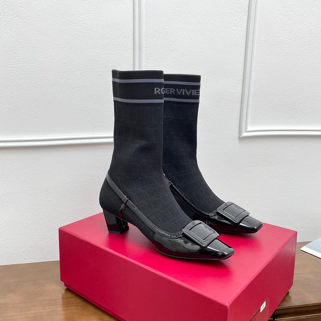 BELLE VIVIER SOCK LACQUERED BUCKLE ANKLE BOOTS IN BLACK PATENT CALFSKIN SOCK UPPER FABRIC