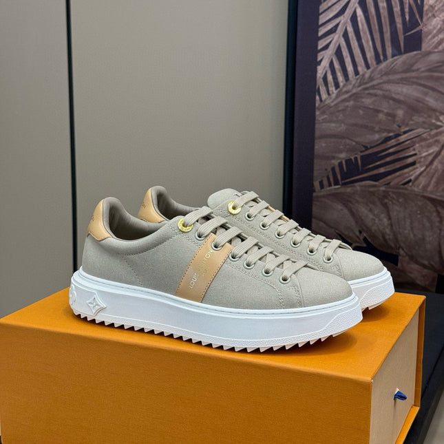 LV TIME OUT SNEAKER IN PASTEL GRAY MIX MACAROON GOLD CANVAS