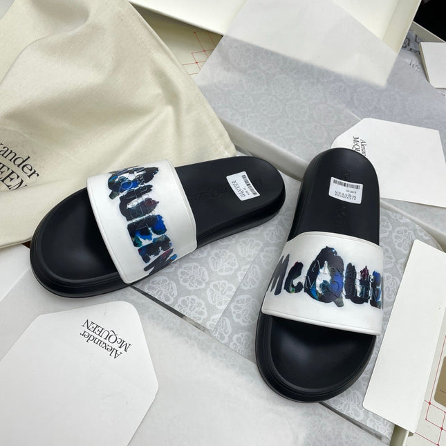 SLIDES SANDAL IN BLACK TPU WHITE STRAP WITH 3D LOGO