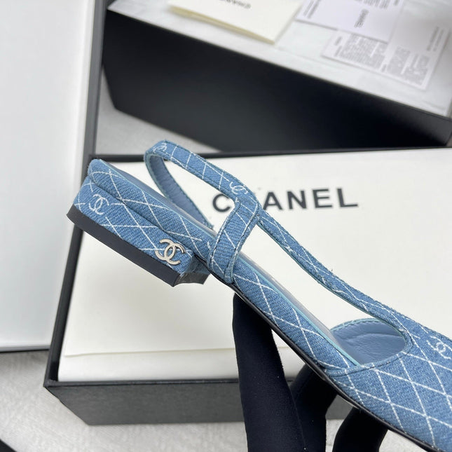 CC SLINGBACK 25S 25 MM IN BLUE DENIM WITH PLAID PATTERN