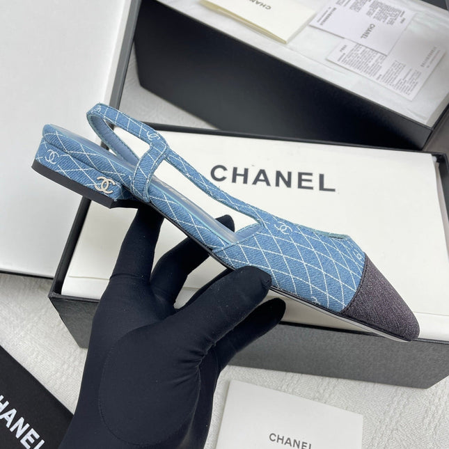 CC SLINGBACK 25S 25 MM IN BLUE DENIM WITH PLAID PATTERN