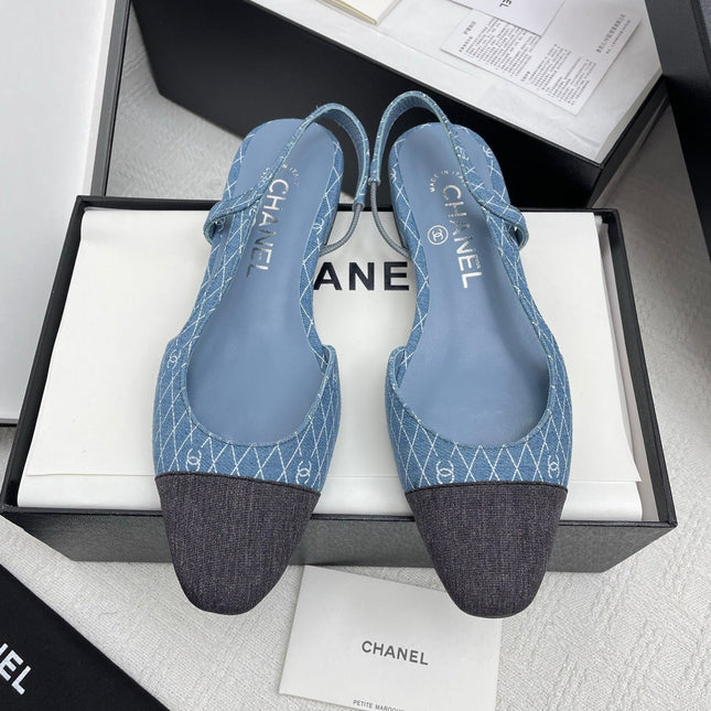 CC SLINGBACK 25S 25 MM IN BLUE DENIM WITH PLAID PATTERN