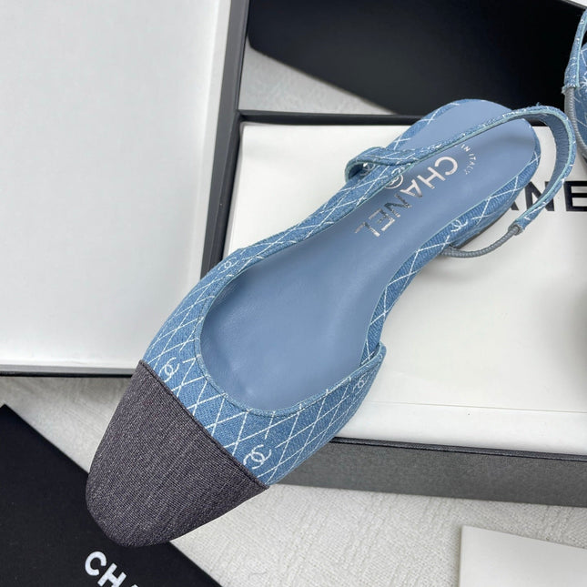 CC SLINGBACK 25S 25 MM IN BLUE DENIM WITH PLAID PATTERN
