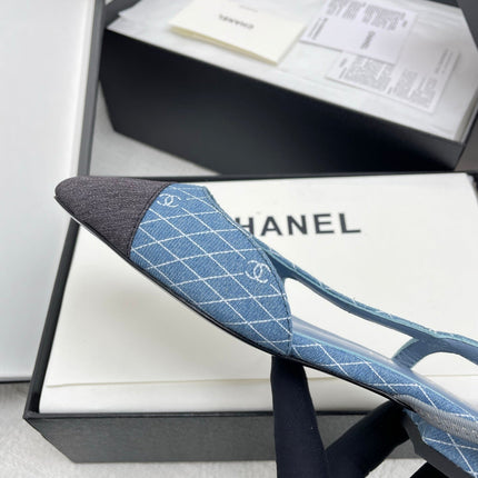 CC SLINGBACK 25S 25 MM IN BLUE DENIM WITH PLAID PATTERN