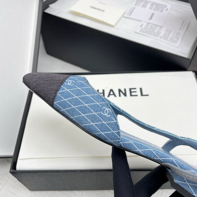 CC SLINGBACK 25S 25 MM IN BLUE DENIM WITH PLAID PATTERN