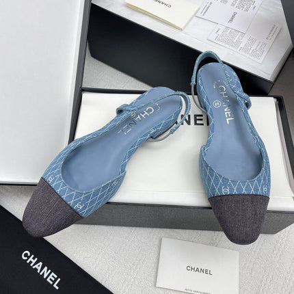 CC SLINGBACK 25S 25 MM IN BLUE DENIM WITH PLAID PATTERN