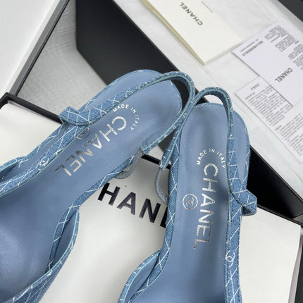 CC SLINGBACK 25S 65 MM IN BLUE DENIM WITH PLAID PATTERN