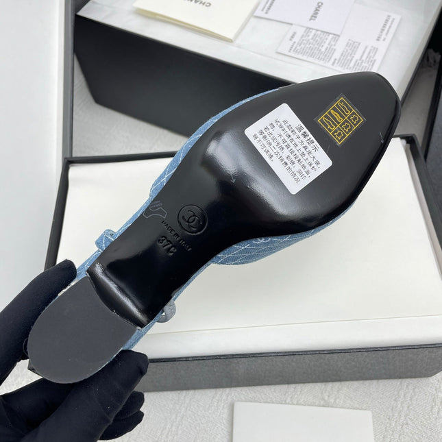 CC SLINGBACK 25S 65 MM IN BLUE DENIM WITH PLAID PATTERN