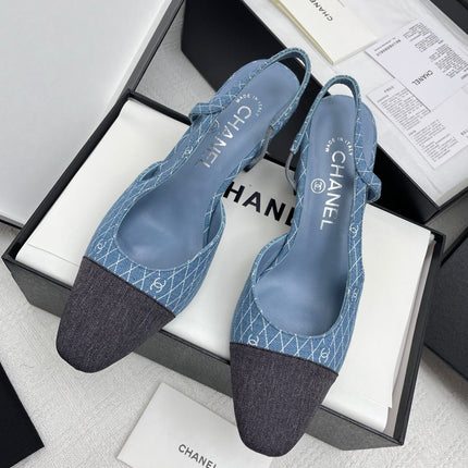 CC SLINGBACK 25S 65 MM IN BLUE DENIM WITH PLAID PATTERN