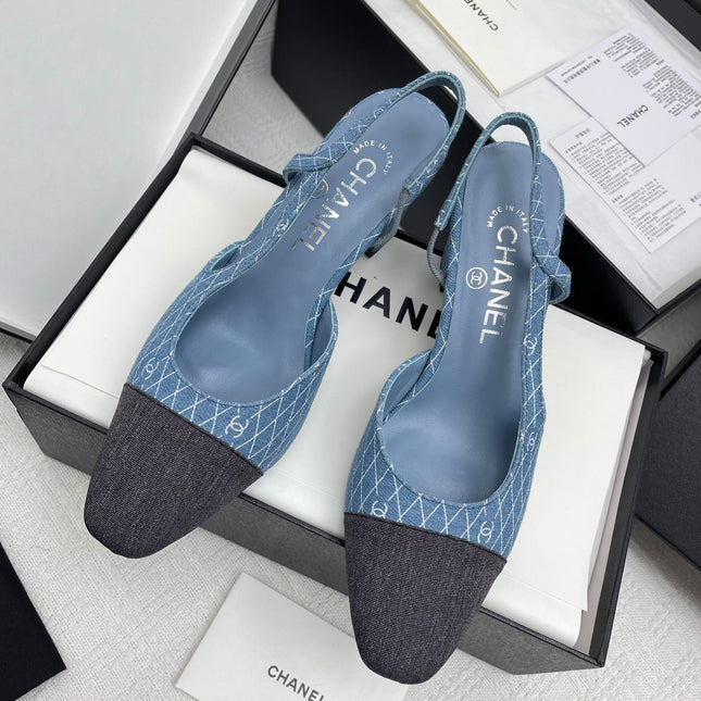 CC SLINGBACK 25S 65 MM IN BLUE DENIM WITH PLAID PATTERN