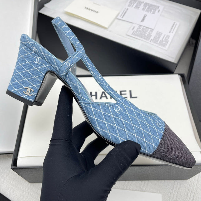 CC SLINGBACK 25S 65 MM IN BLUE DENIM WITH PLAID PATTERN