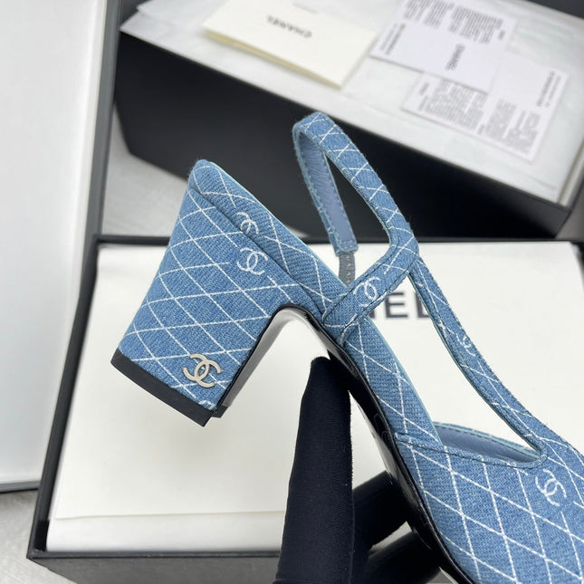 CC SLINGBACK 25S 65 MM IN BLUE DENIM WITH PLAID PATTERN