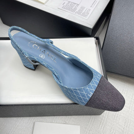 CC SLINGBACK 25S 65 MM IN BLUE DENIM WITH PLAID PATTERN