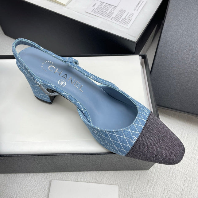 CC SLINGBACK 25S 65 MM IN BLUE DENIM WITH PLAID PATTERN
