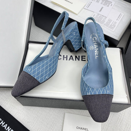 CC SLINGBACK 25S 65 MM IN BLUE DENIM WITH PLAID PATTERN