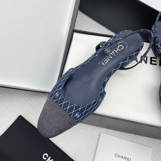 CC SLINGBACK 25S 25 MM IN NAVY BLUE DENIM WITH PLAID PATTERN