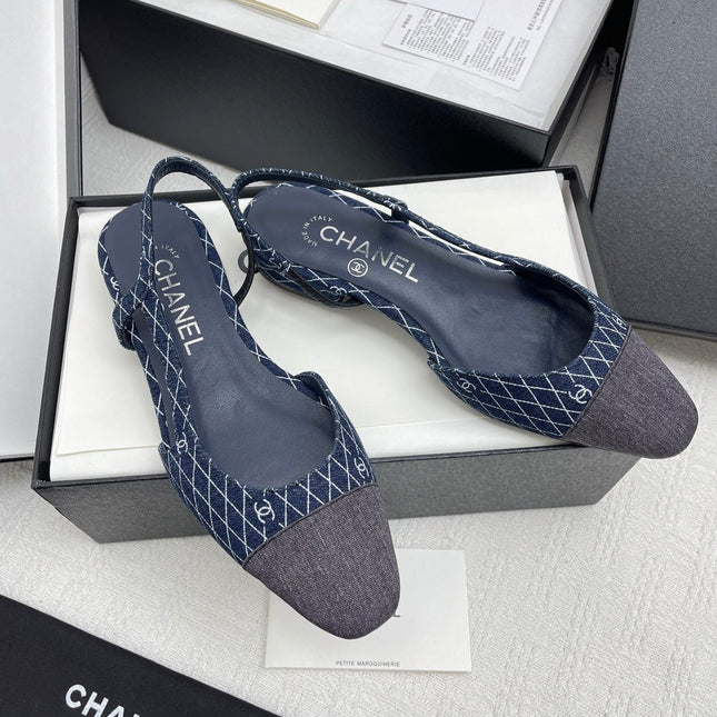 CC SLINGBACK 25S 25 MM IN NAVY BLUE DENIM WITH PLAID PATTERN