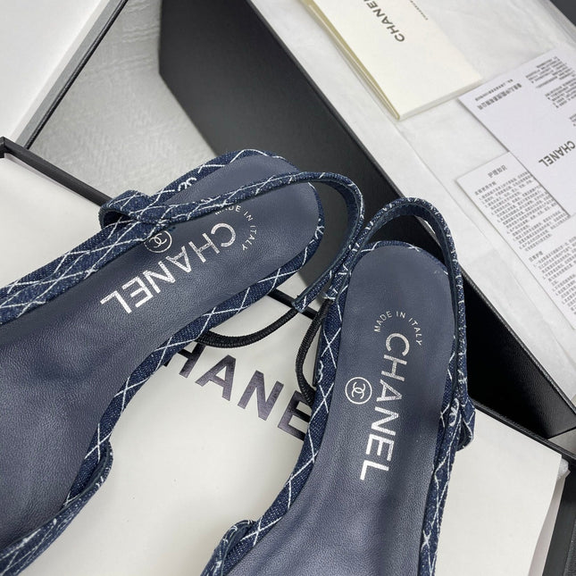 CC SLINGBACK 25S 25 MM IN NAVY BLUE DENIM WITH PLAID PATTERN