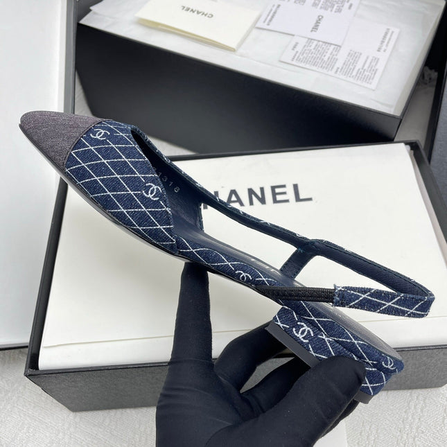 CC SLINGBACK 25S 25 MM IN NAVY BLUE DENIM WITH PLAID PATTERN