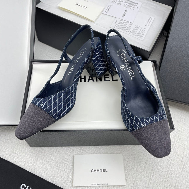 CC SLINGBACK 25S 65 MM IN NAVY BLUE DENIM WITH PLAID PATTERN