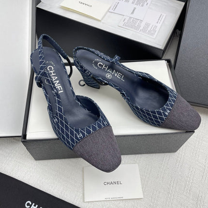 CC SLINGBACK 25S 65 MM IN NAVY BLUE DENIM WITH PLAID PATTERN