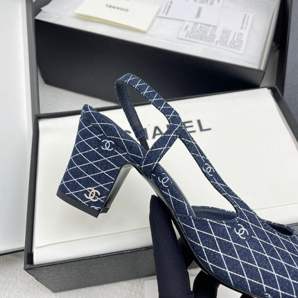 CC SLINGBACK 25S 65 MM IN NAVY BLUE DENIM WITH PLAID PATTERN