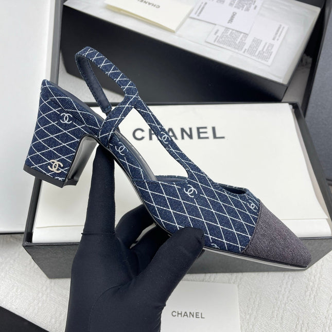 CC SLINGBACK 25S 65 MM IN NAVY BLUE DENIM WITH PLAID PATTERN