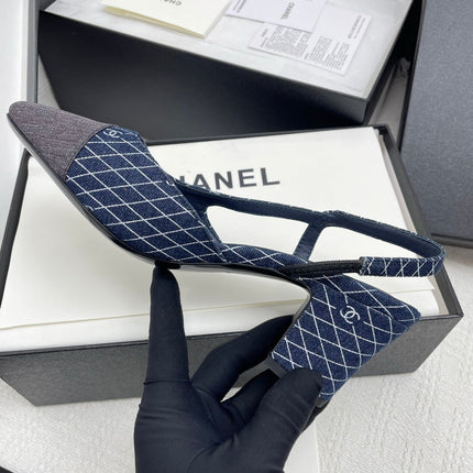 CC SLINGBACK 25S 65 MM IN NAVY BLUE DENIM WITH PLAID PATTERN