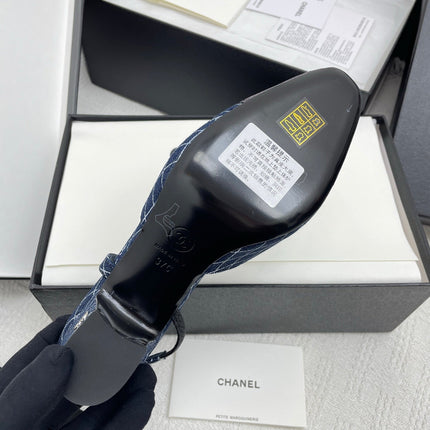 CC SLINGBACK 25S 65 MM IN NAVY BLUE DENIM WITH PLAID PATTERN