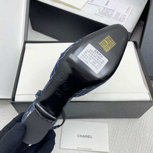 CC SLINGBACK 25S 65 MM IN NAVY BLUE DENIM WITH PLAID PATTERN