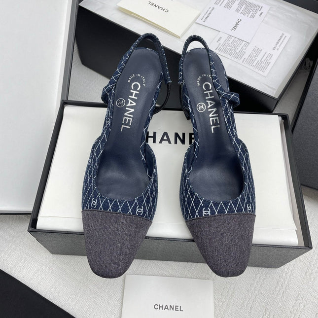 CC SLINGBACK 25S 65 MM IN NAVY BLUE DENIM WITH PLAID PATTERN