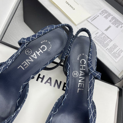 CC SLINGBACK 25S 65 MM IN NAVY BLUE DENIM WITH PLAID PATTERN