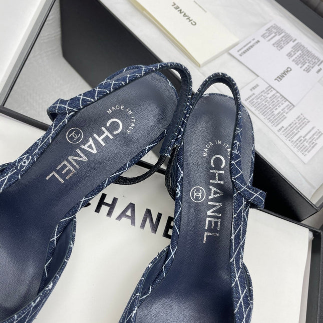 CC SLINGBACK 25S 65 MM IN NAVY BLUE DENIM WITH PLAID PATTERN