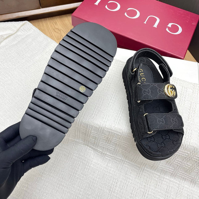 GG CLASSIC SANDALS 25S IN BLACK FABRIC WITH GOLD HARDWARE