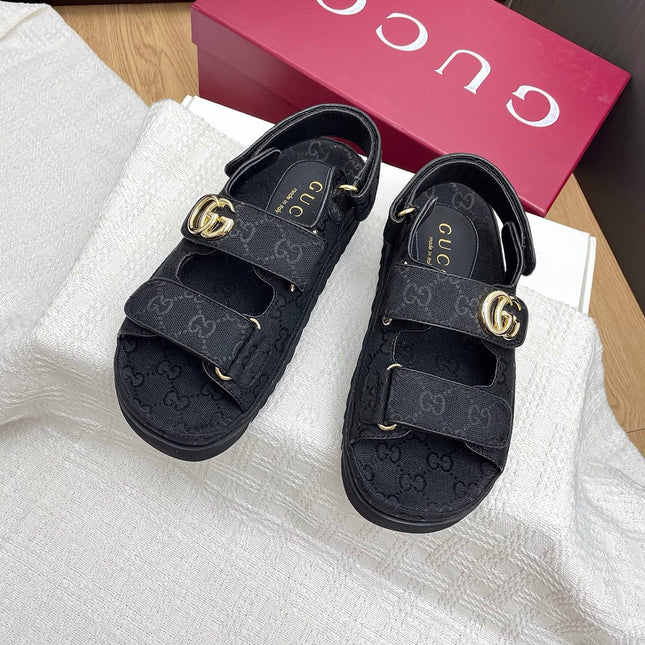 GG CLASSIC SANDALS 25S IN BLACK FABRIC WITH GOLD HARDWARE