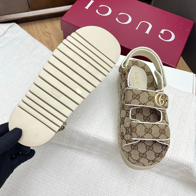 GG CLASSIC SANDALS 25S IN BEIGE FABRIC WITH GOLD HARDWARE