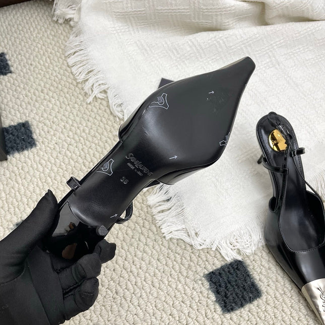 YSL 25S HIGH-HEEL SLINGBACKS 65 MM IN BLACK LAMBSKIN AND SILVER HARDWARE