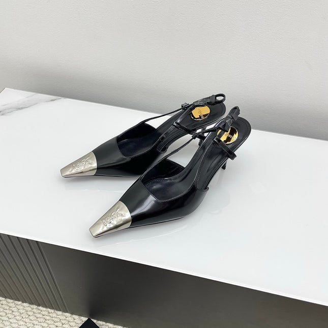 YSL 25S HIGH-HEEL SLINGBACKS 65 MM IN BLACK LAMBSKIN AND SILVER HARDWARE