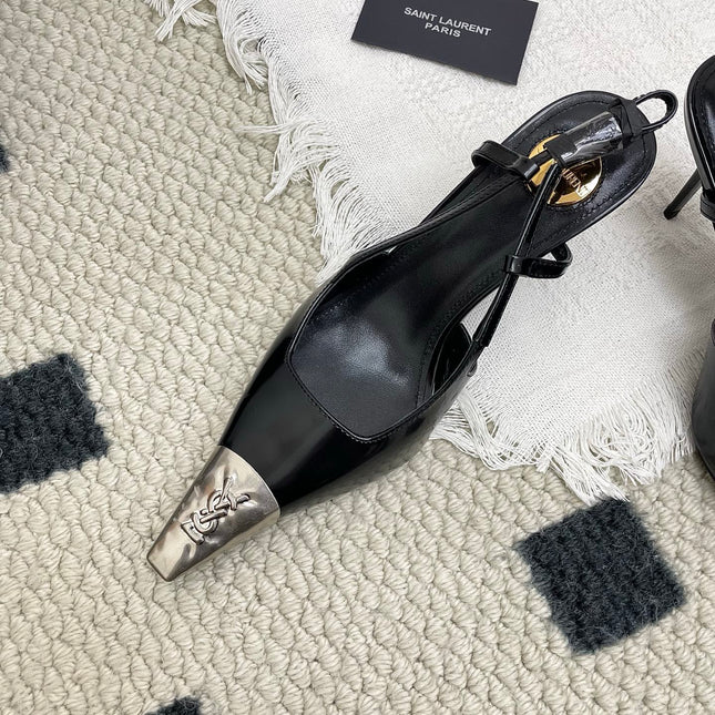 YSL 25S HIGH-HEEL SLINGBACKS 65 MM IN BLACK LAMBSKIN AND SILVER HARDWARE